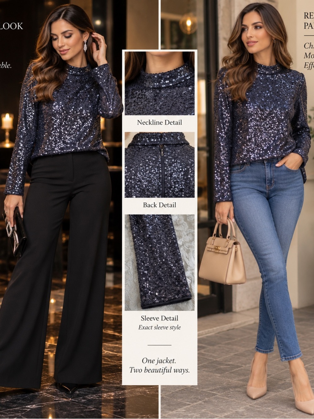 H&M Navy Blue Sequin Long-Sleeve Top